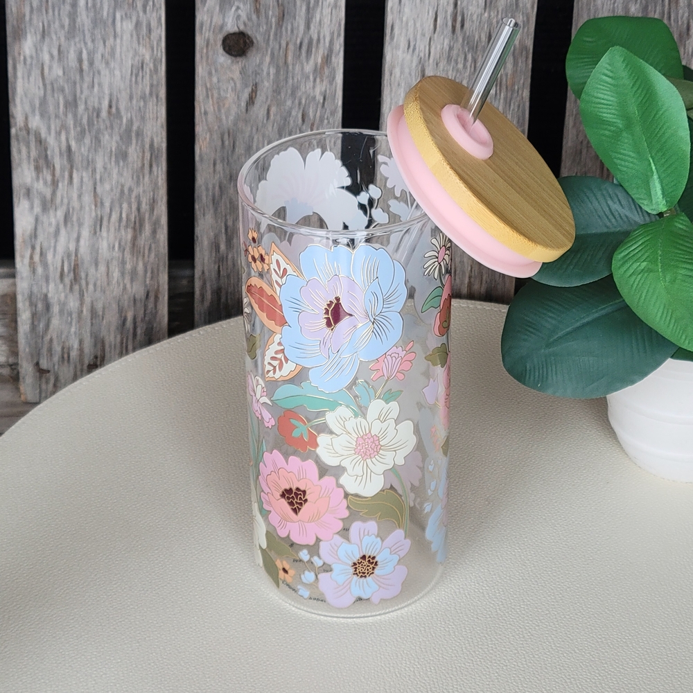 Clementine Floral Glass Tumbler with Bamboo Lid and Straw - Picture 6 of 9